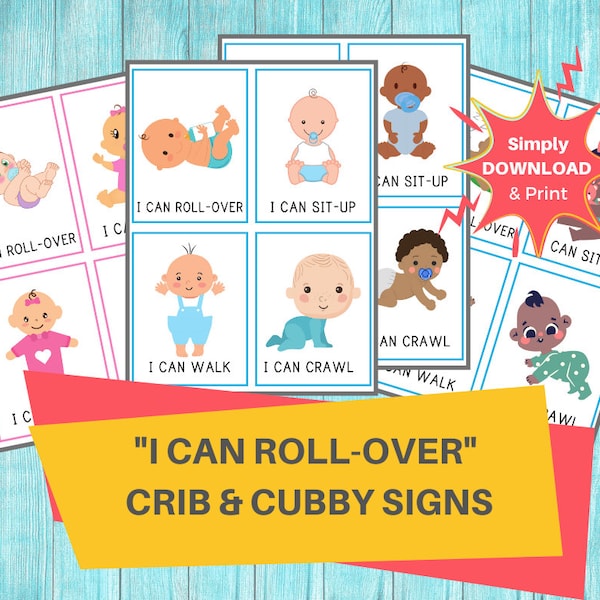 I CAN ROLL-OVER Sign / Daycare Printable Baby Crib & Cubby Signs / Identifies Developmental Stage for Infants / Child Care and In Home