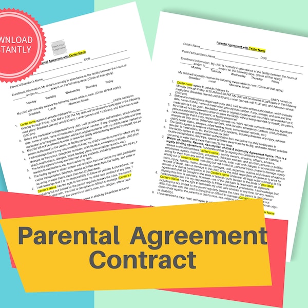 DAYCARE PARENTAL AGREEMENT | Childcare Center Printable Daycare Contract | Liability Waiver | Preschool, In-Home, and Child Care Businesses