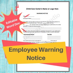 Warning Notice Form/ Employee Write Up Form / Perfect for Preschool, Daycares, In Home, Child Care Business, Word Document