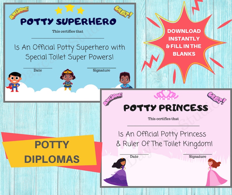 Potty Training Diploma / Toddler Potty Certificate For Boys & Girls / Child Care Center Printable Forms / Perfect for Home or Daycare image 5