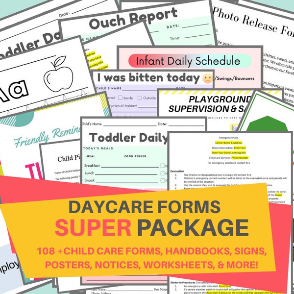 Daycare Forms SUPER Package-108 Forms/ Start Your Own Child Care Center / Printable Daycare Forms / Perfect for Preschool, & In Home Daycare