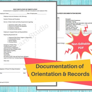 Puede incluir: Un formulario PDF imprimible para la orientaci&oacute;n y documentaci&oacute;n de los empleados. El formulario incluye secciones para la informaci&oacute;n de los empleados, las pol&iacute;ticas de las instalaciones, los requisitos de salud y seguridad, los requisitos de informes y los procedimientos de emergencia. El formulario est&aacute; etiquetado como "PDF no editable" y "Documentaci&oacute;n de la orientaci&oacute;n y los registros".