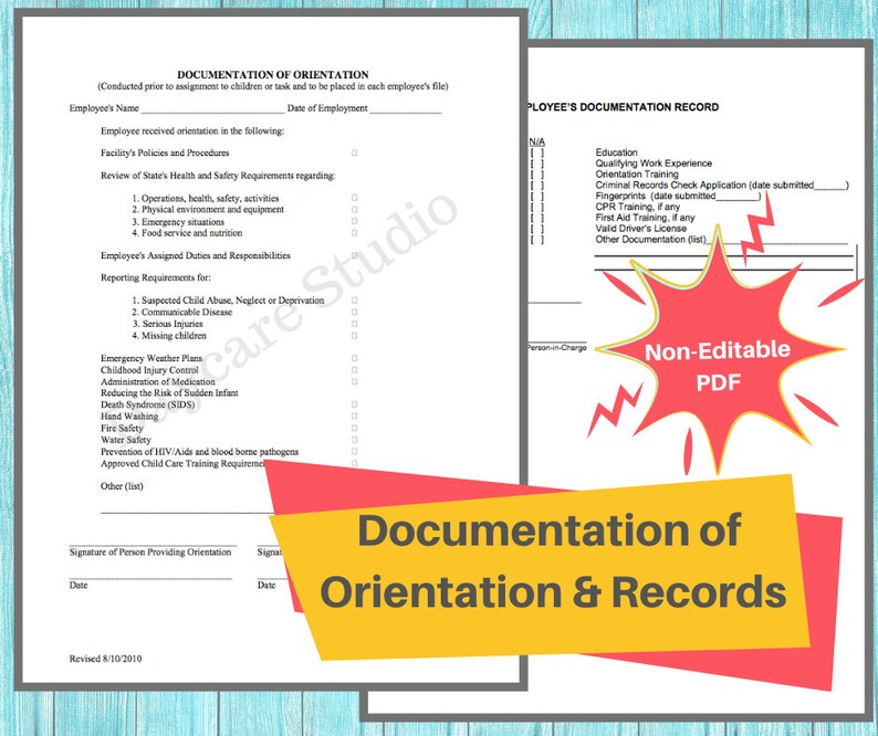Puede incluir: Un formulario PDF imprimible para la orientaci&oacute;n y documentaci&oacute;n de los empleados. El formulario incluye secciones para la informaci&oacute;n de los empleados, las pol&iacute;ticas de las instalaciones, los requisitos de salud y seguridad, los requisitos de informes y los procedimientos de emergencia. El formulario est&aacute; etiquetado como "PDF no editable" y "Documentaci&oacute;n de la orientaci&oacute;n y los registros".