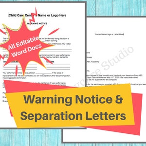 Puede incluir: Un gr&aacute;fico amarillo y rojo con el texto "Warning Notice & Separation Letters" sobre un fondo de madera azul. El gr&aacute;fico se superpone a un documento blanco con el texto "All Editable Word Docs" en una estrella roja.