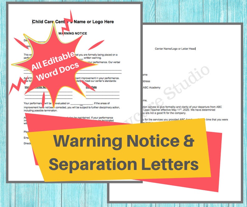 Puede incluir: Un gr&aacute;fico amarillo y rojo con el texto "Warning Notice & Separation Letters" sobre un fondo de madera azul. El gr&aacute;fico se superpone a un documento blanco con el texto "All Editable Word Docs" en una estrella roja.