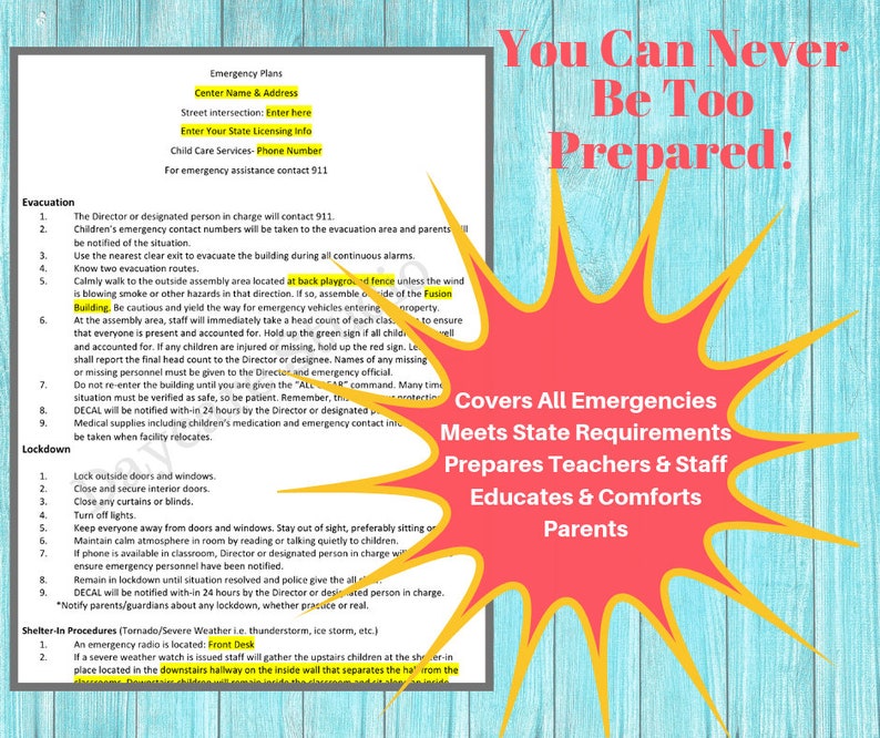 DAYCARE EMERGENCY PLANS / Childcare Center Printable Daycare Forms / Perfect for Preschool, In Home, Child Care Business, 7 Word Pages image 2