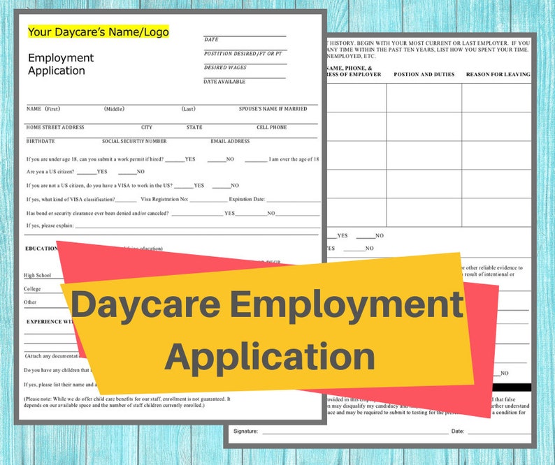 Puede incluir: Un formulario de solicitud de empleo en guarder&iacute;a amarillo y rojo con el texto "Daycare Employment Application" en letras grandes y negritas. El formulario incluye secciones para informaci&oacute;n personal, historial laboral y educaci&oacute;n.
