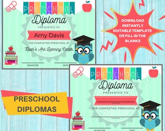 Preschool Diploma  / Pre-k Graduation Award Certificate / Child Care Center Printable Forms / Perfect for Home or Daycare