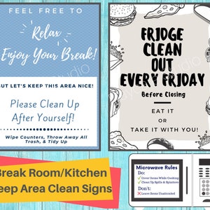 Keep Area Clean Signs- 3 Printable Signs for Fridge, Microwave, and Room/ Designed for Employees / Perfect for Break Rooms & Kitchens