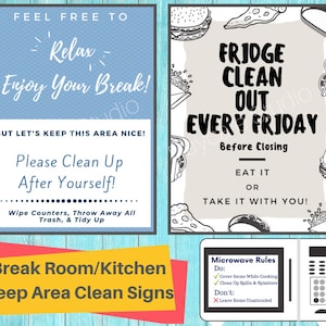 Keep Area Clean Signs- 3 Printable Signs for Fridge, Microwave, and Room/ Designed for Employees / Perfect for Break Rooms & Kitchens