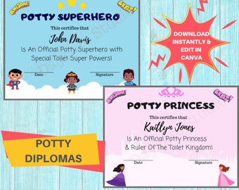 Potty Training Diploma  / Toddler Potty Certificate For Boys & Girls / Child Care Center Printable Forms / Perfect for Home or Daycare