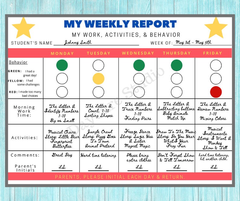 Preschool Weekly Report Template