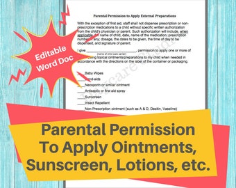 Daycare Parental Permission Form: Ointments, Sunscreen (Editable Word)