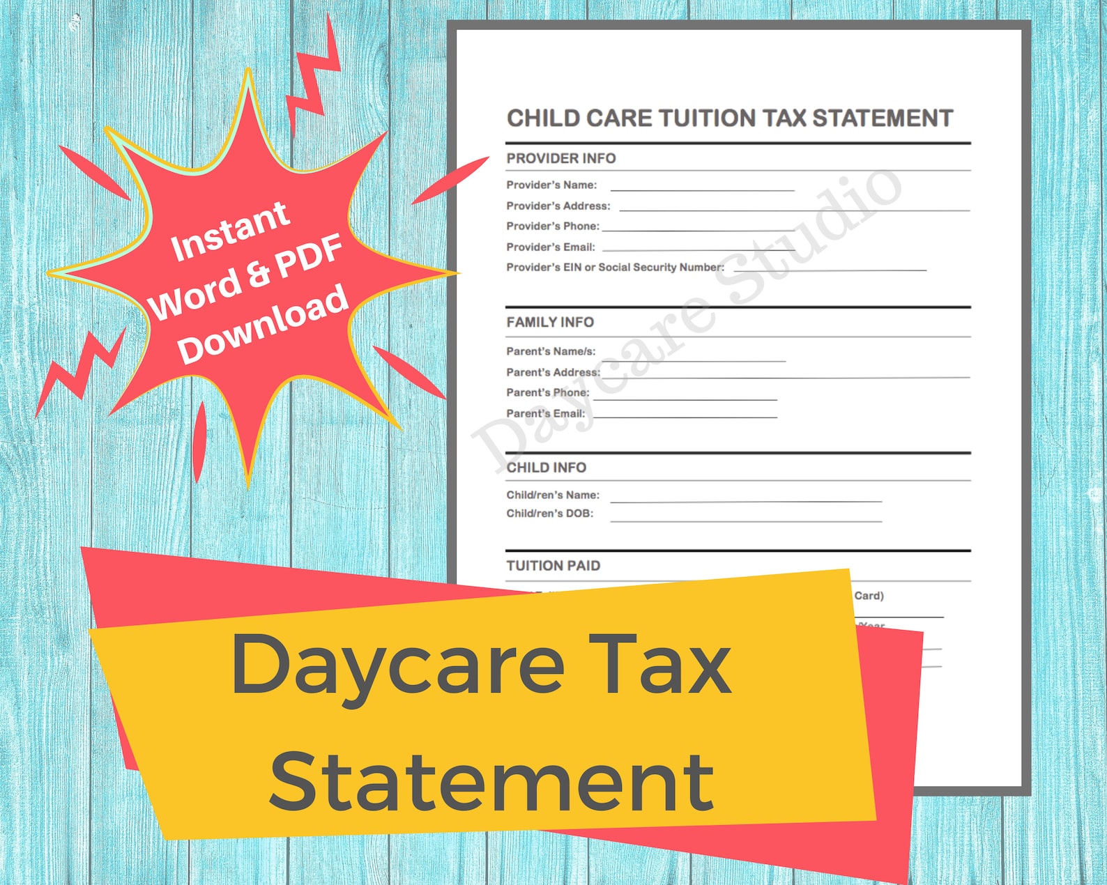 DAYCARE TAX STATEMENT/ Childcare Center Printable End of the Year