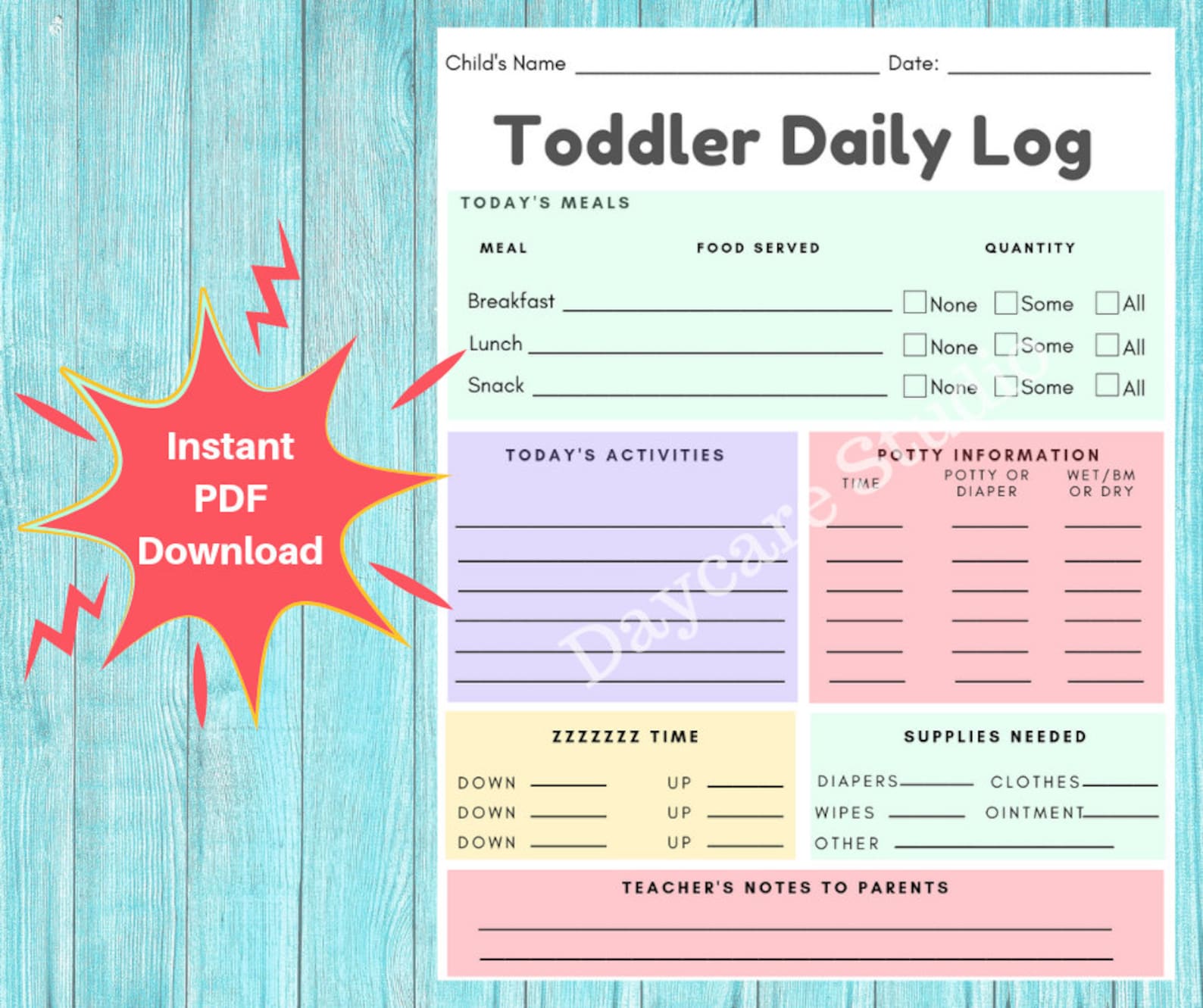 INFANT DAILY LOG- Daycare Printable Baby Log / Infant Toddler Daily ...