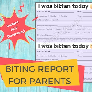 BITING REPORT - 保育園で印刷できる子供の事故報告書 / 幼稚園の事故や怪我のフォーム / 保育園や家庭保育に最適