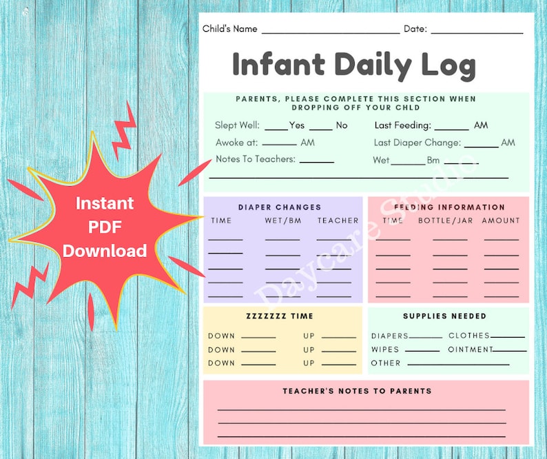 INFANT DAILY LOG Daycare Printable Baby Log / Infant Toddler Daily INFANT DAILY LOG Daycare Printable Baby Log / Infant Toddler Daily