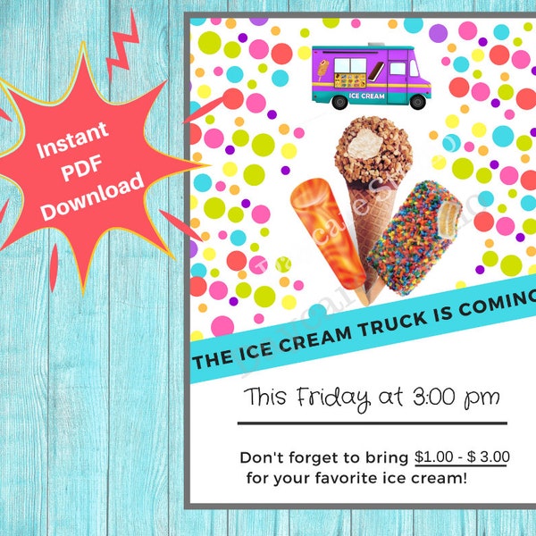 Ice Cream Truck Is Coming Daycare Flyer | Ice Cream Truck Announcement for Child Care Center | Instant Digital Download | Printable Sign