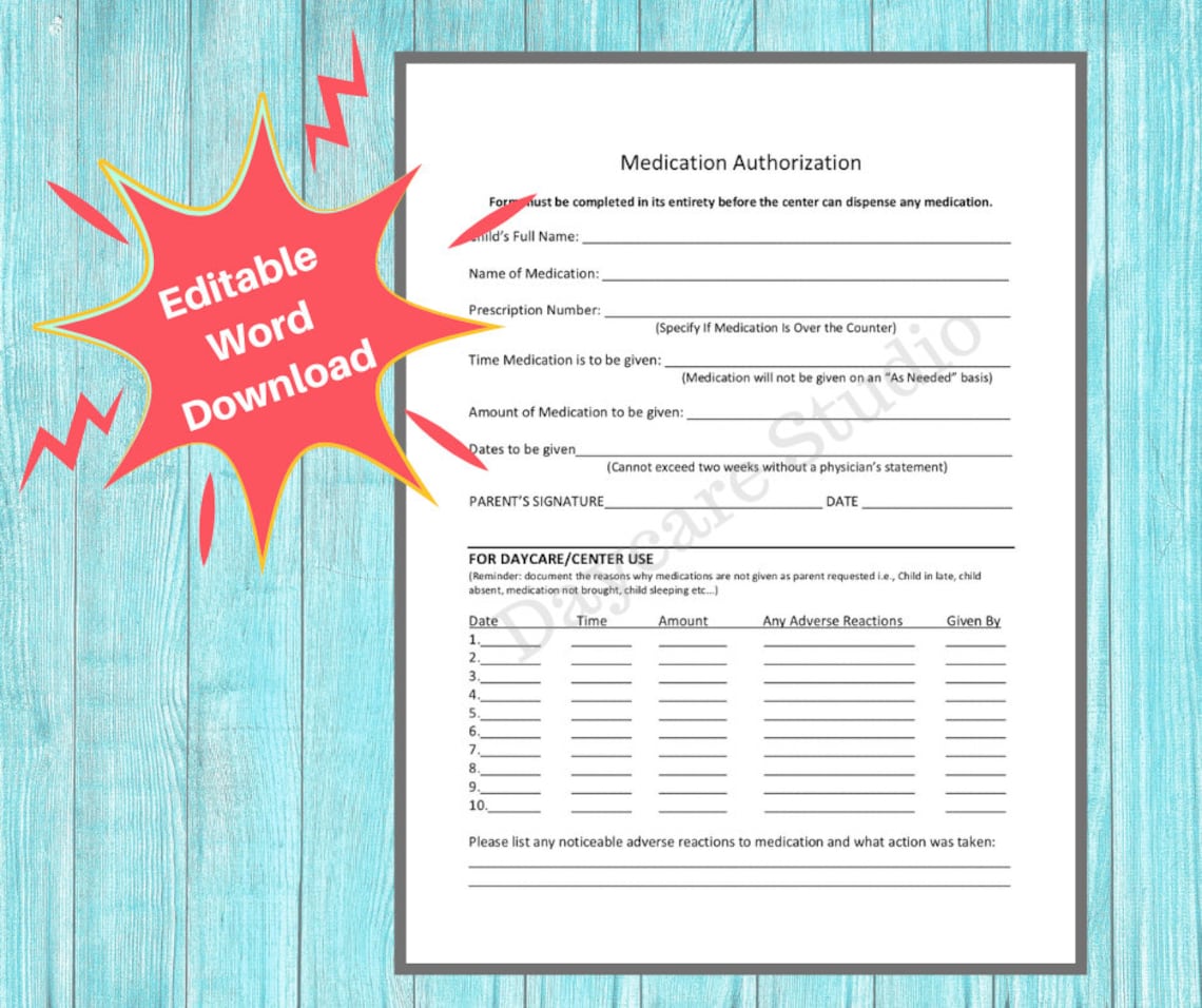 DAYCARE MEDICATION FORM / Childcare Center Medication Etsy