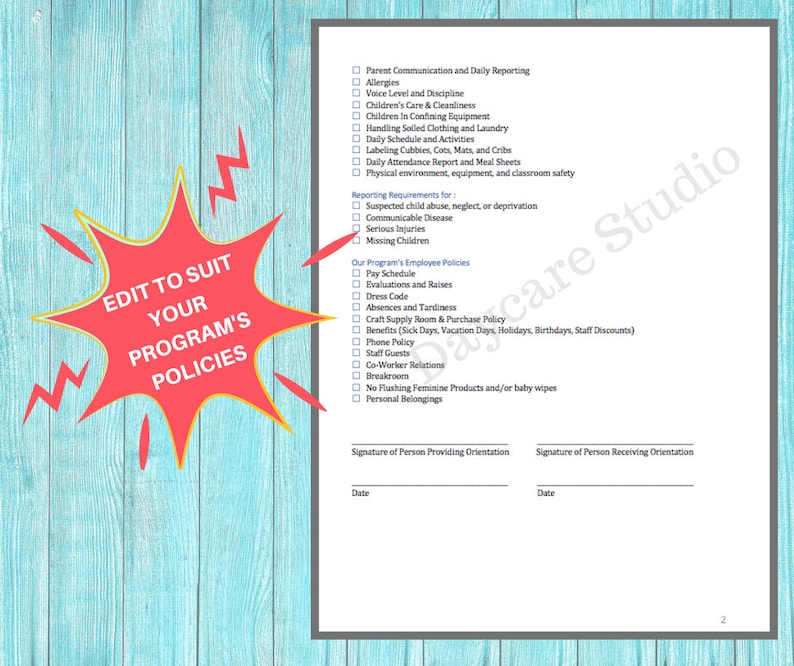DAYCARE EMPLOYEE ORIENTATION/ New Hire Document Checklist &amp; Orientation ...