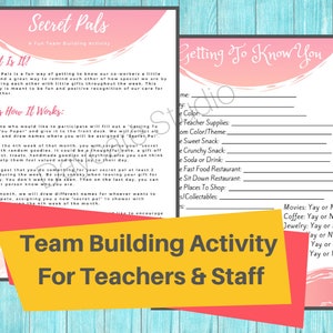 Puede incluir: Una hoja de trabajo imprimible rosa y azul con el t&iacute;tulo "Secret Pals: Una divertida actividad de creaci&oacute;n de equipos" y "Getting To Know You". La hoja de trabajo incluye instrucciones para una actividad de creaci&oacute;n de equipos donde los participantes intercambian regalos con un amigo secreto.