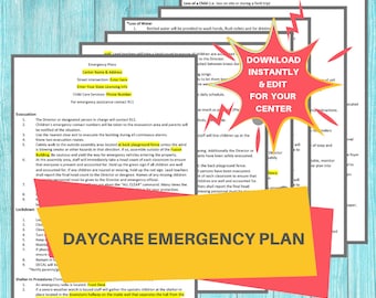 DAYCARE EMERGENCY PLANS / Childcare Center Printable Daycare Forms / Perfect for Preschool, In Home, Child Care Business, 7 Word Pages