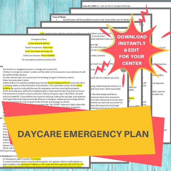 DAYCARE EMERGENCY PLANS / Childcare Center Printable Daycare Forms / Perfect for Preschool, In Home, Child Care Business, 7 Word Pages