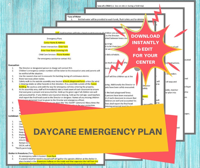 DAYCARE EMERGENCY PLANS / Childcare Center Printable Daycare Forms / Perfect for Preschool, In Home, Child Care Business, 7 Word Pages image 1