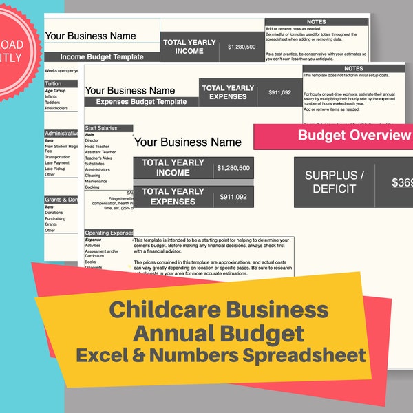 DAYCARE BUDGET SPREADSHEET| Childcare Center Excel and Numbers Spreadsheet to Track Annual Income and Expenses for Child Care Businesses