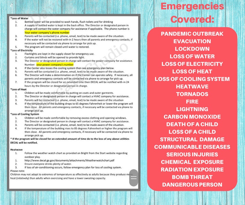 DAYCARE EMERGENCY PLANS / Childcare Center Printable Daycare Forms / Perfect for Preschool, In Home, Child Care Business, 7 Word Pages image 3