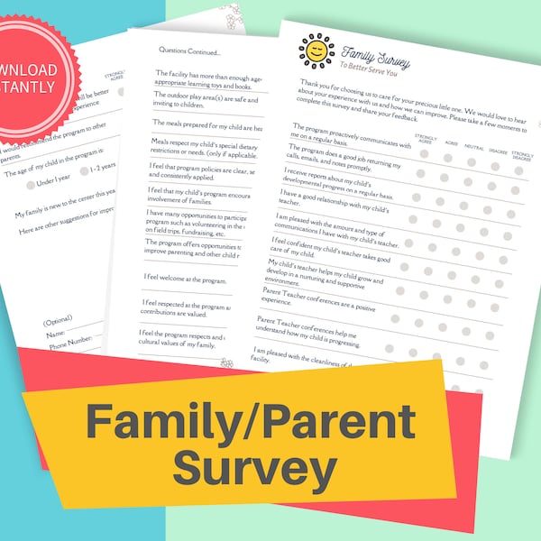 DAYCARE PARENT SURVEY/ Childcare Center Printable Parent Survey Form/ Perfect for Preschool, Centers, & Child Care Businesses