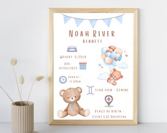 Personalised New Baby Welcome To The World Print, New Baby Gift, Birth Details Print, Christening Gift, Nursery Print, Teddy Bear Print