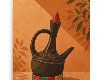 Ethiopian Coffee Poster, Jebena, African Coffee wall Art, Coffee Print, Minimalist kitchen Decor, Warm Neutral Art