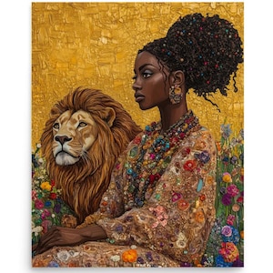 African Inspired Poster: Vibrant Tribal Patterns & Authentic Cultural Imagery, Black woman, Tropical lion Wall Art