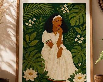 Ethiopian Woman Portrait | Green Ethiopian Art Print | African Wall Art