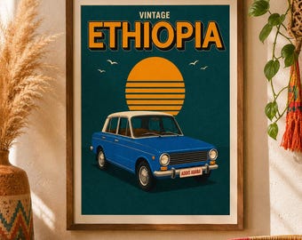 Vintage Addis Ababa Retro Poster | Lada Taxi, Ethiopia Wall Art