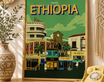 Addis Ababa Vintage Wall Art | 80s Ethiopia Poster | Retro African Home Decor | Cultural City Illustration
