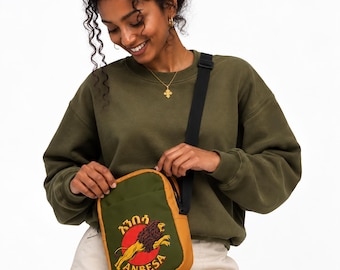 ANBESA Lion Crossbody Bag | Ethiopian Streetwear Sling Bag | Unisex Everyday Shoulder Bag | Cultural Fashion Accessory