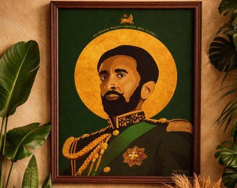 Retrato del emperador Haile Selassie / Arte mural del León de Judá / Impresión de arte real etíope / Decoración de historia africana / Arte rastafari (24 x 36)