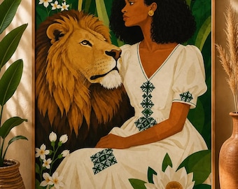 Ethiopian Woman Lion Portrait | Green Ethiopian Art Print | African Wall Art