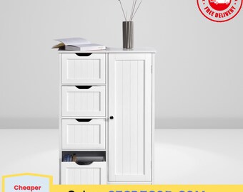 Armoire de rangement autoportante pour salle de bain, avec 4 tiroirs et 1 placard