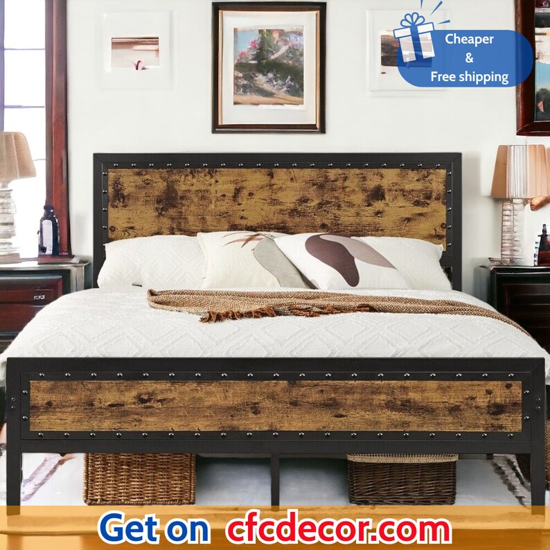 Rustic Metal Platform Bed with Wooden Headboard and Footboard, Brown, Full/Queen image 1