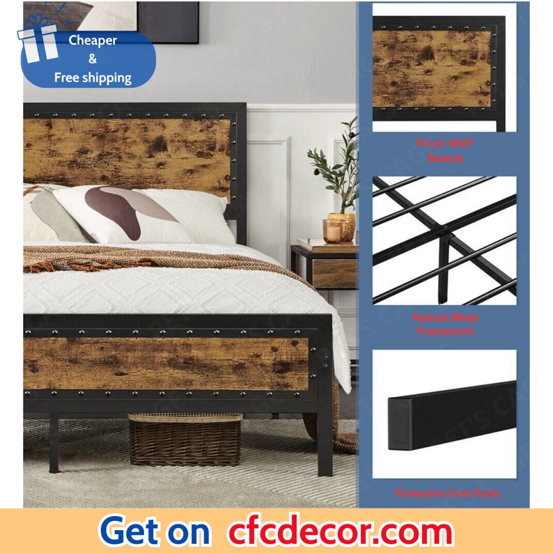 Rustic Metal Platform Bed with Wooden Headboard and Footboard, Brown, Full/Queen image 4