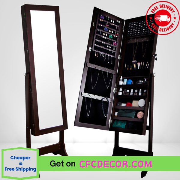 Jewelry Cabinet Armoire with Full Length Body Mirror Lockable Jewelry Organizer