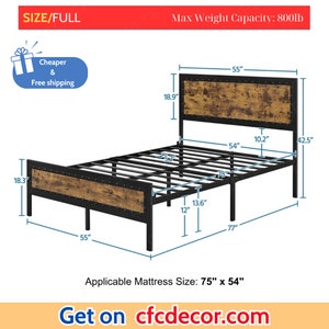 Rustic Metal Platform Bed with Wooden Headboard and Footboard, Brown, Full/Queen image 7