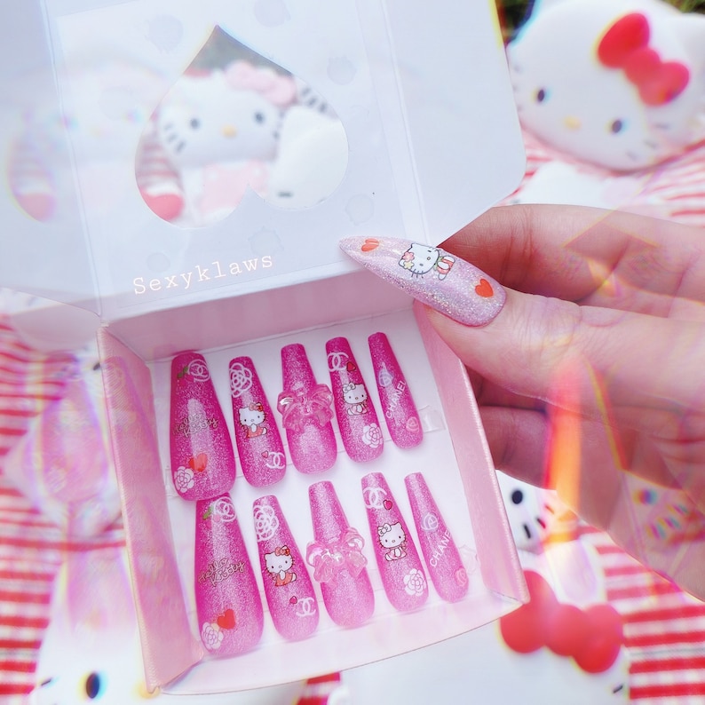 Kawaii Hello Kitty / Press on nails / Fake nails / Japanese | Etsy
