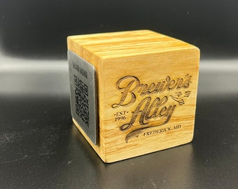 Basswood cube QR code, 3 sides, solid wood, stainless steel QRs