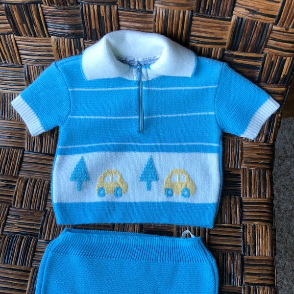 Vintage Boys Blue Sweater Shorts Set Sz 12 Mos w knitted Volkswagen cars n Pine Trees by A Little Angel