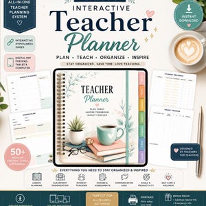 Puede incluir: Un planificador digital interactivo para docentes con páginas hipervinculadas para iPad, tableta y computadora. La portada muestra una suculenta, una taza y anteojos. Incluye páginas de planificación semanal, lecciones y seguimiento.