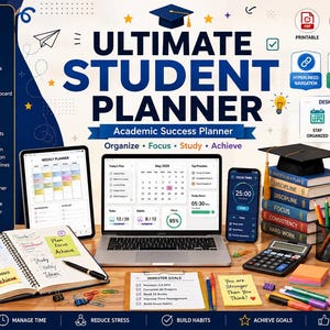 Peut inclure: Un ensemble de planificateur étudiant numérique comprenant un ordinateur portable, une tablette et un smartphone affichant des emplois du temps, un carnet avec des notes adhésives, des livres, une toque, un sac à dos, un trophée et un mug bleu.